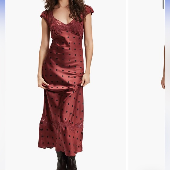 Free People Dresses & Skirts - Free People Burgundy Polka Dot Lace-Trim Maxi Dress
